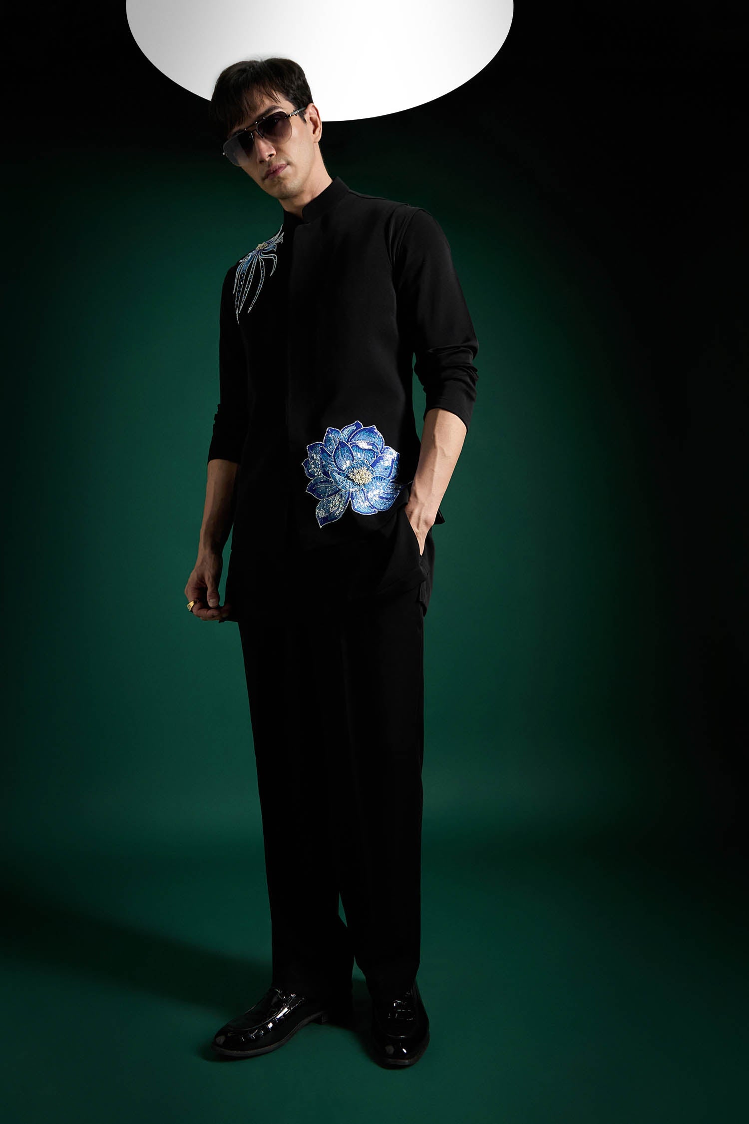 Aquatic Bloom Hand Embroidered Designer Bundi Set - Black