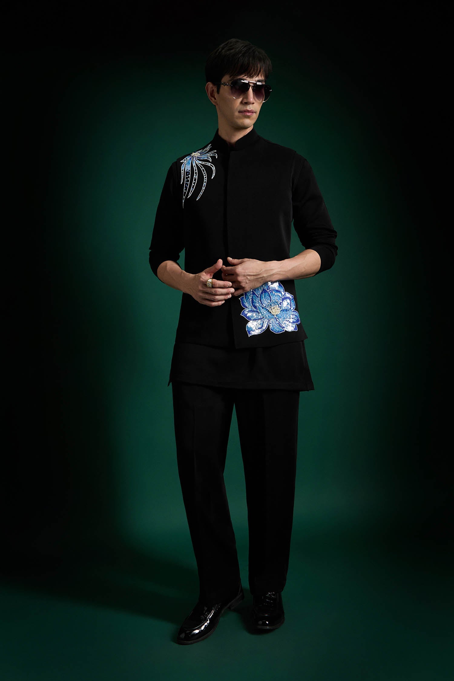 Aquatic Bloom Hand Embroidered Designer Bundi Set - Black