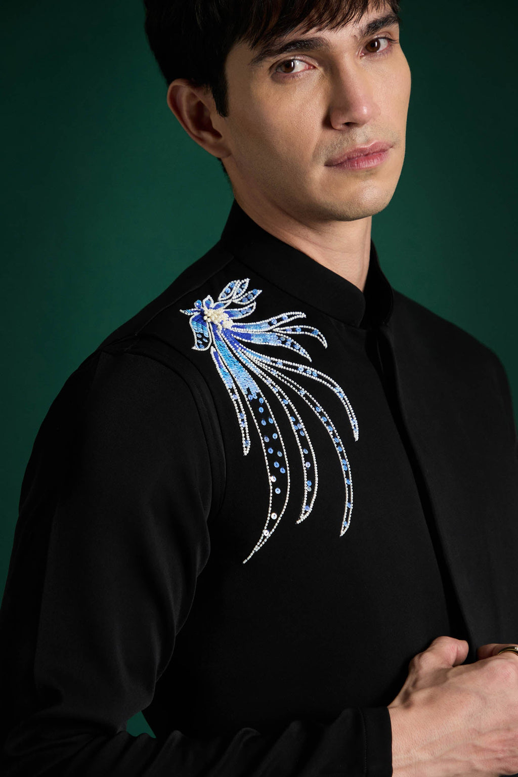 Aquatic Bloom Hand Embroidered Designer Bundi Set - Black