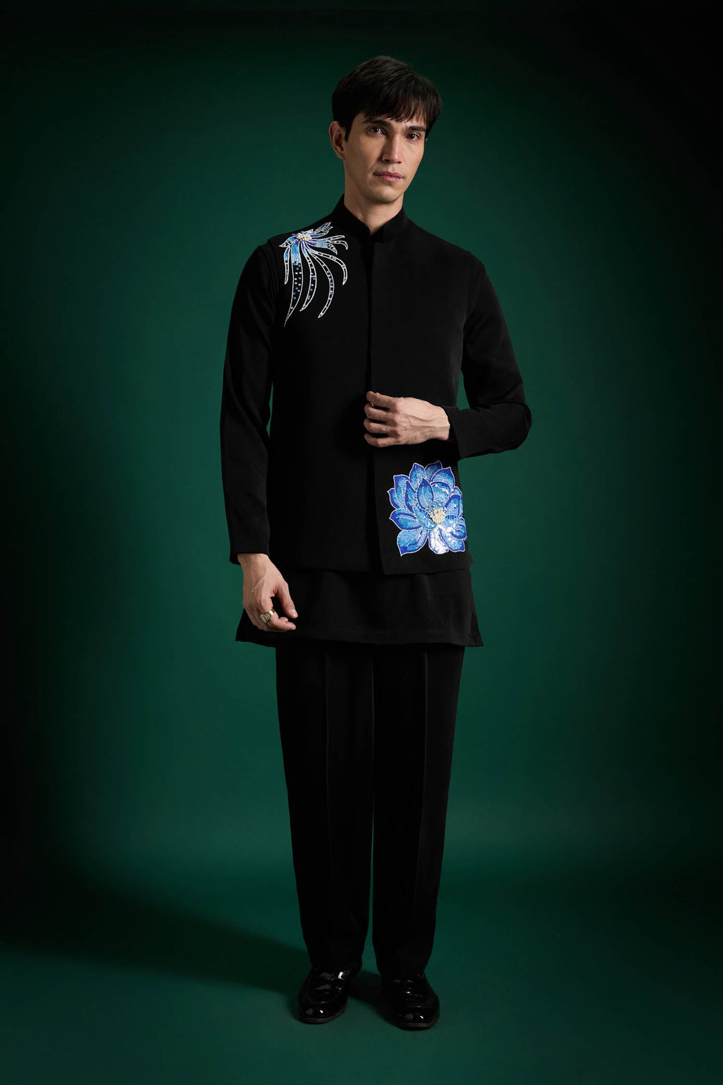 Aquatic Bloom Hand Embroidered Designer Bundi Set - Black