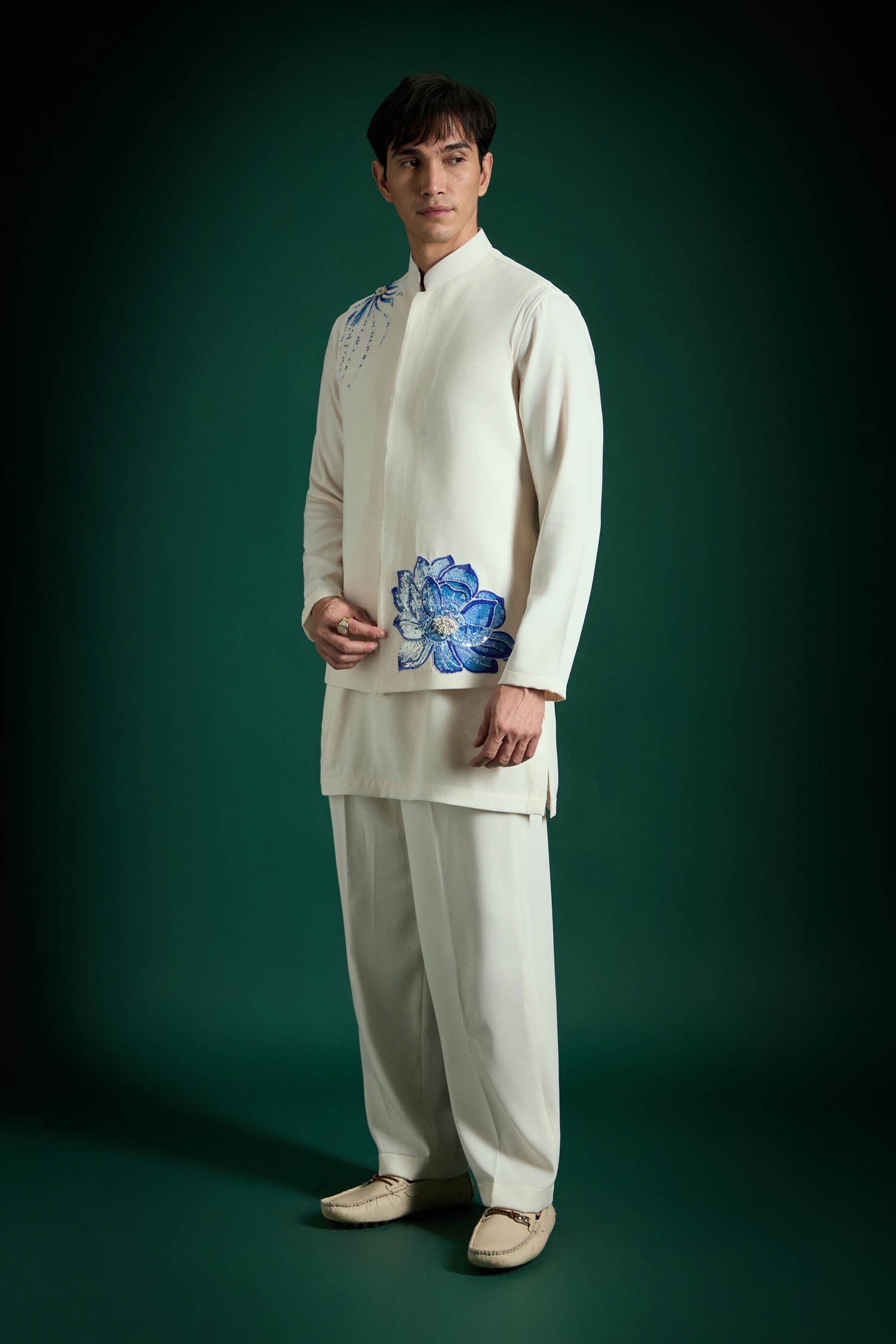Aquatic Bloom(Flower) Hand Embroidered Designer Bundi Set - Ivory