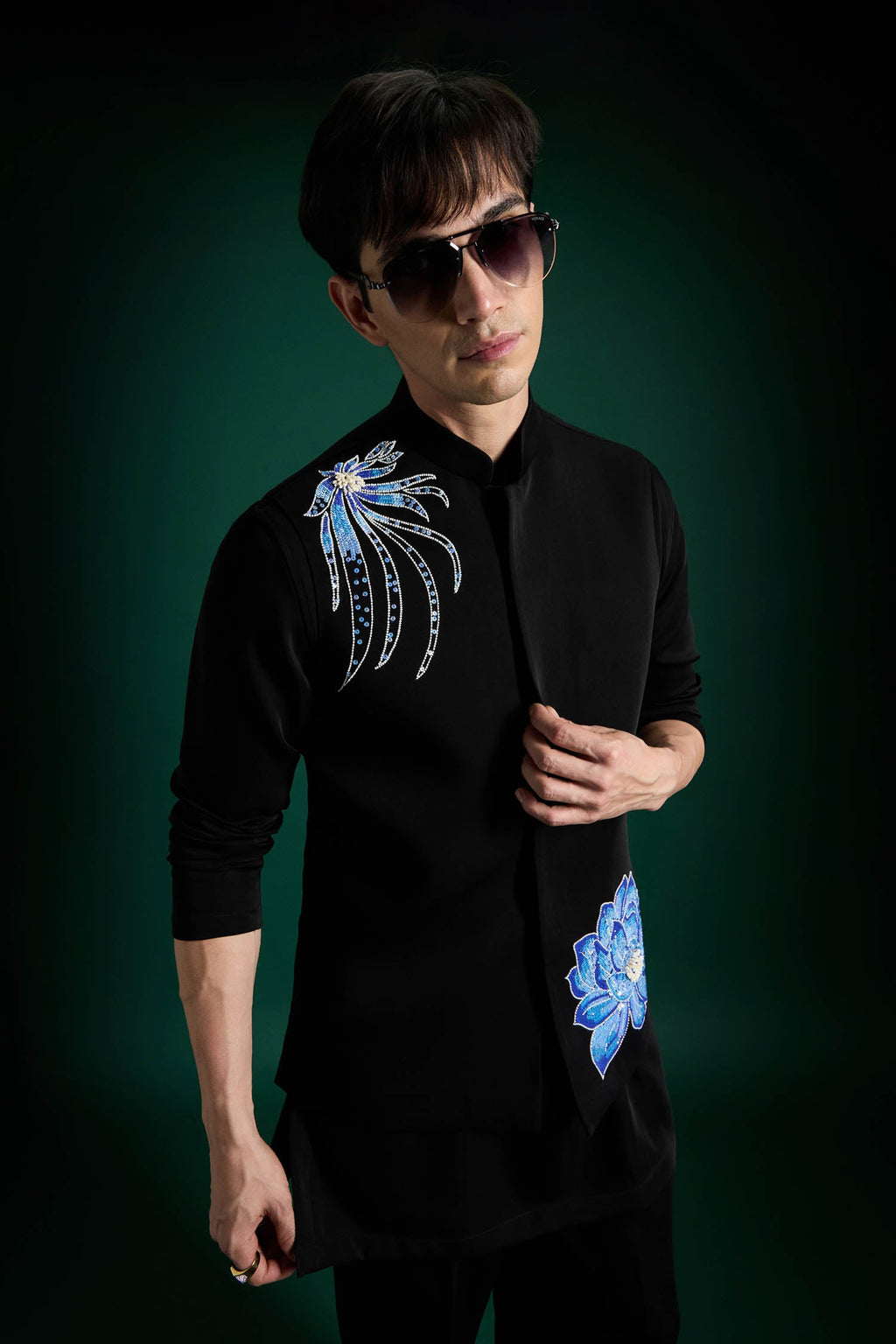 Aquatic Bloom Hand Embroidered Designer Bundi Set - Black