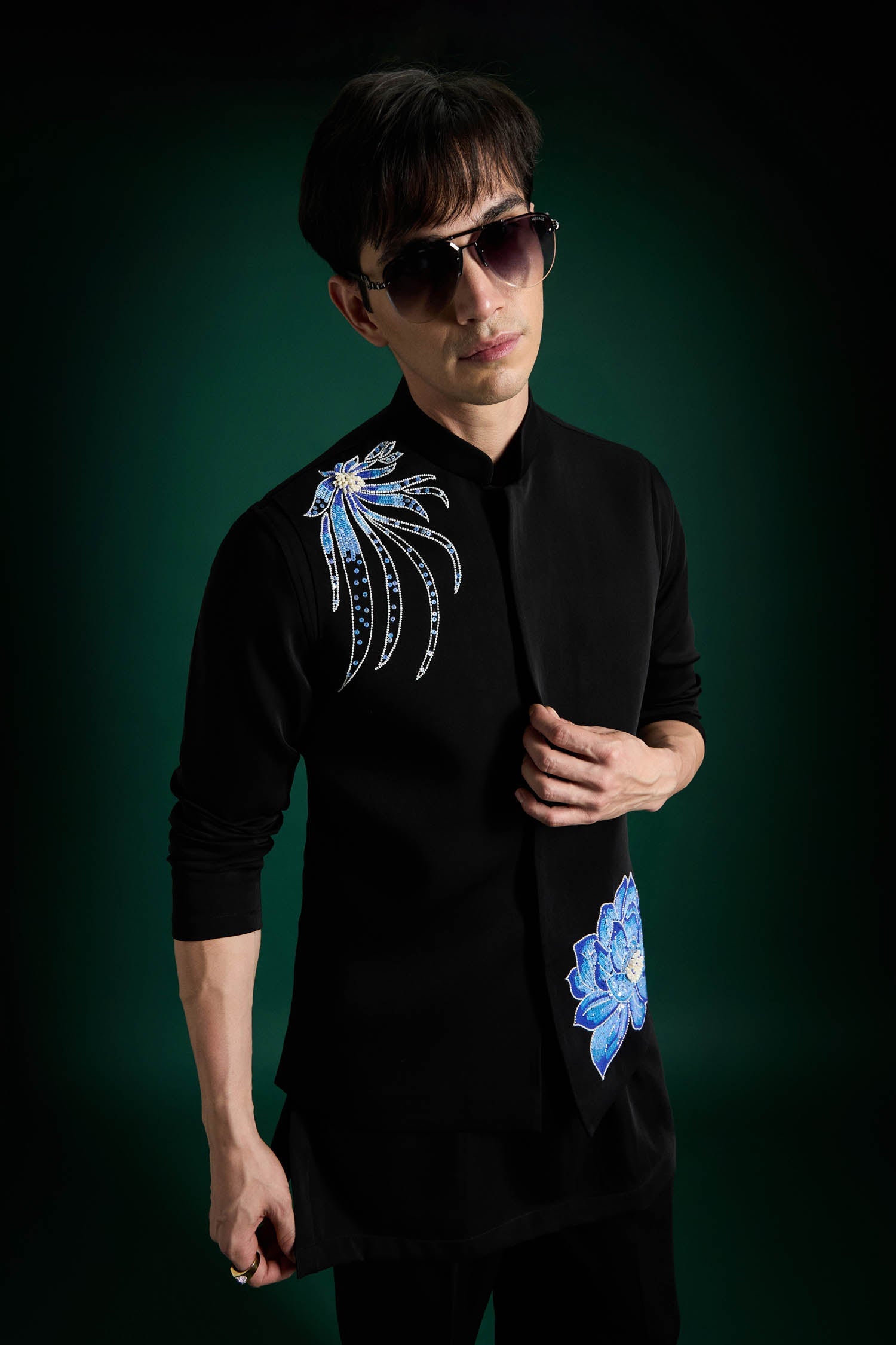 Aquatic Bloom Hand Embroidered Designer Bundi Set - Black